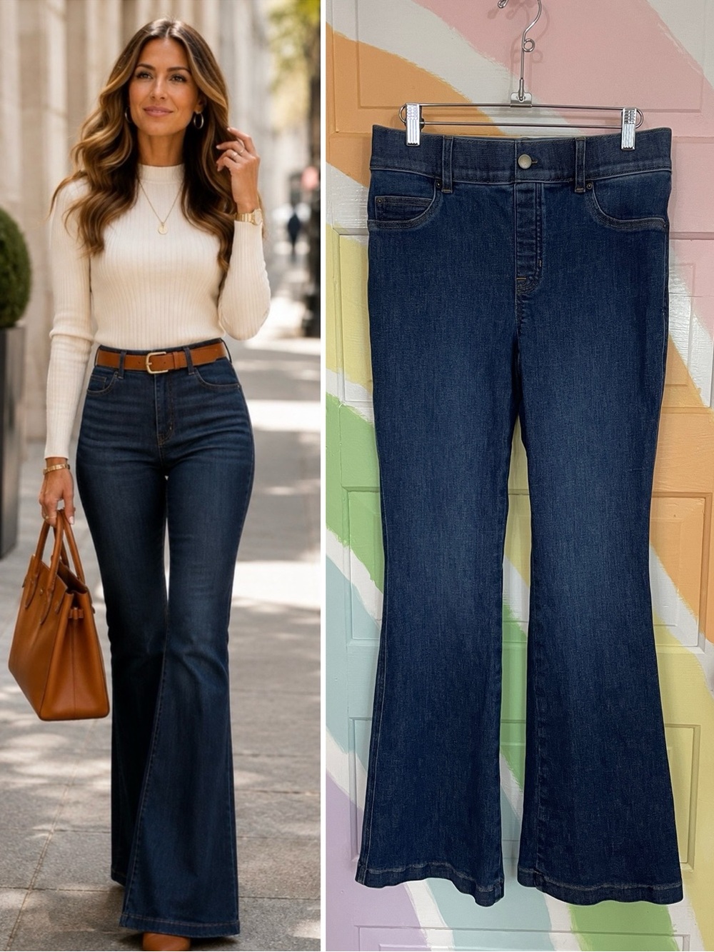 SPANX Pull On Flare Jeans Dark Wash High Rise Stretch Shaping Denim Sz M 🧡🎀